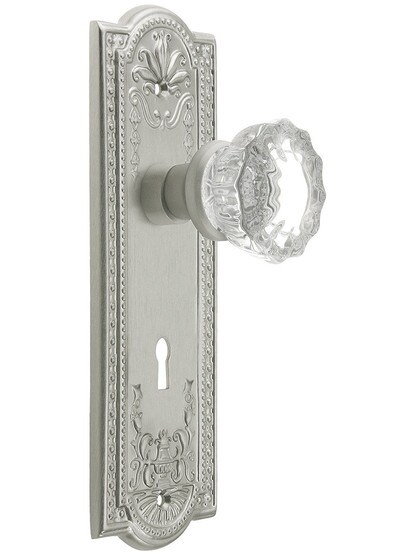 Meadows Style Mortise Lock Set in Satin Nickel with Fluted Crystal Glass Door Knobs.